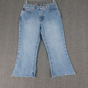 BONGO JEANS WOMENS Y2K SUPER RIDER FLARE BLUE DENIM RAW HEM CAPRI PANTS SIZE 5
